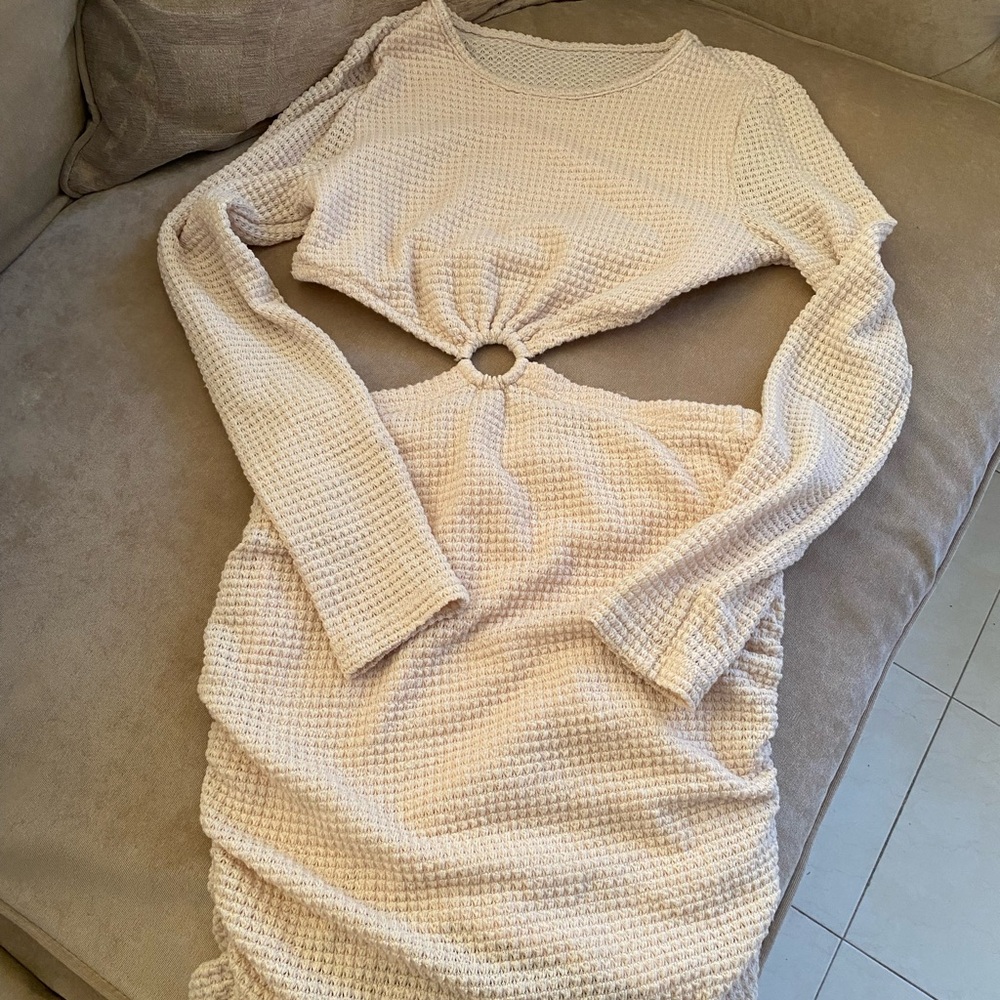 SHEIN Tan Cream Pleated Tie Front Bodycon Dress